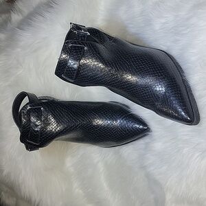 Express Black Snakeskin Pointed Toe Ankle Strap Bootie